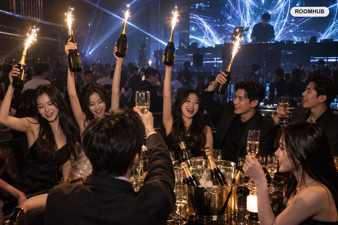 강남 클럽 VIP 테이블 — 샴페인과 스파클러
