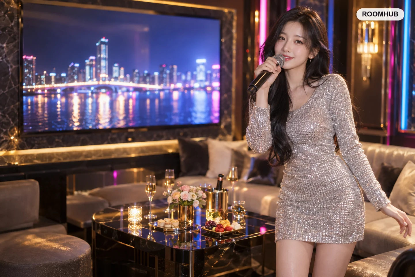 가라오케 — 고급 가라오케 룸과 노래하는 20대 매니저